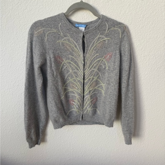 White + Warren Lambswool Angora Rabbit Hair Cardigan Beaded Embroidery - Picture 1 of 6